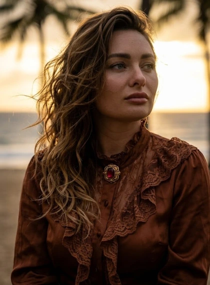 Cinematic close-up portrait: thoughtful gaze into the distance, soft golden sunset light falls from behind, creating ...