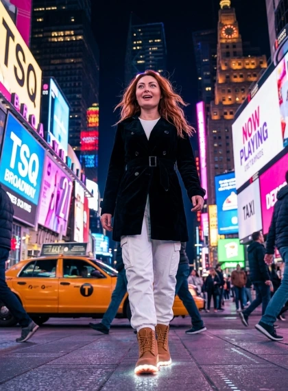 Cinematic Ultra-Realistic Top of the Rock Night Photo: Dynamic Pose Over Manhattan Skyline