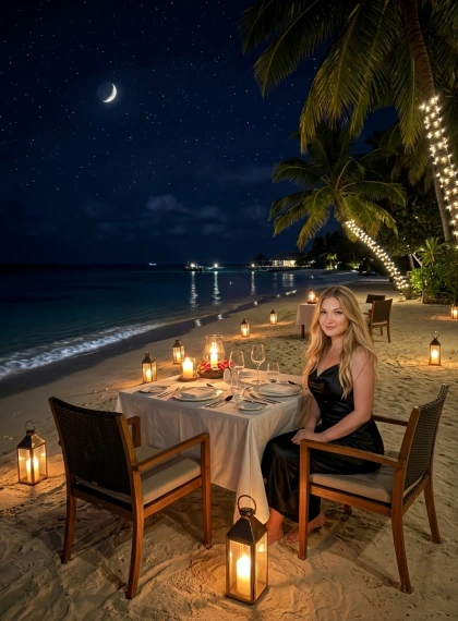 Cină Romantică pe Plajă Iluminată cu Lumânări în Maldives sub Stele