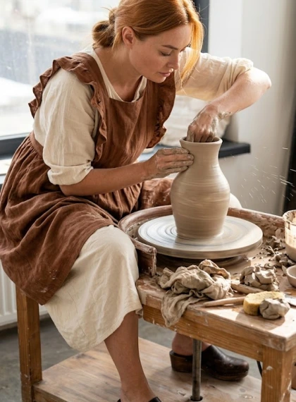 Clay pottery wheel with unfinished vase, surrounded by wild clay tools and damp cloths, sunlight streaming onto woode...