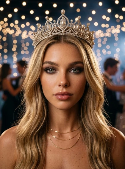 Close portrait of the face with a crown adorned with jewels, eyes looking confidently into the camera, soft studio li...