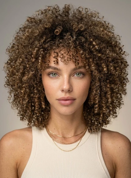 Close-up of afro-style curly hair, dense spirals with high springiness, soft diffused light emphasizes the texture, w...