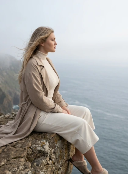 Contemplative side profile staring at horizon, seated on cliff edge with wind tousling elements, vast ocean vista str...