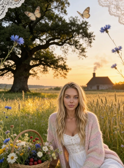 Cottagecore Sommerwiese: Wildblumenkorb, Eiche, Schmetterlinge und romantisches Cottage bei Sonnenuntergang