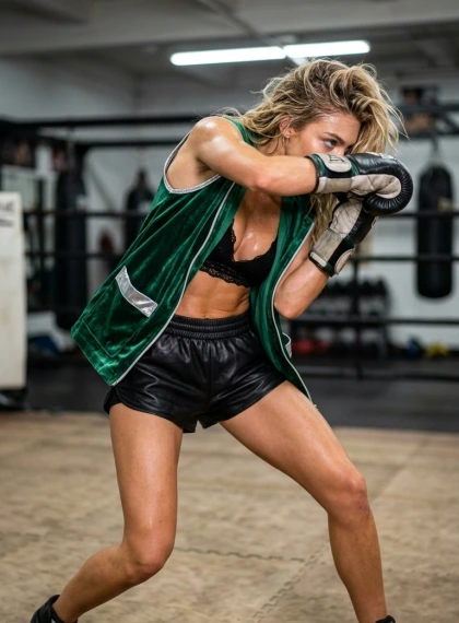 Defensive bob and weave evasion motion, arms shielding face tightly, footwork shuffling sideways on padded floor, har...