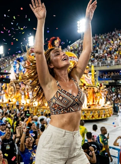 Dinamična samba poza na karnevalu u Rio Sambodromu - ultra fotorealizam noću