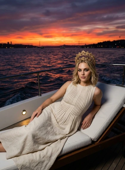 Donna in abito di lino regale su yacht crociera Bosforo al tramonto - Ultra realismo