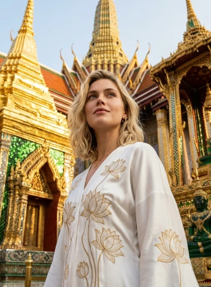 Dramatic Low-Angle Golden Hour Portrait at Grand Palace Bangkok - Woman in Flowing White Silk Maxi Dress with Gold Lo...