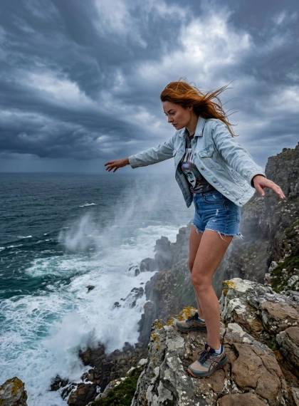 Dramatische Pose aan Klifrand Cape Point: Armen naar Stormachtige Oceaan