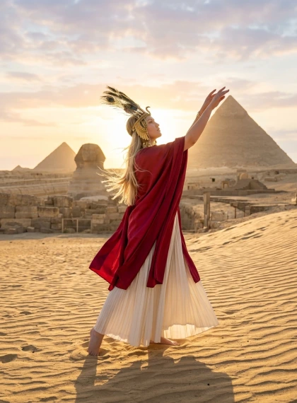 Dramatisk solopgang ved Giza-pyramiderne: Dynamisk figur i rødt silke og ibisfjer