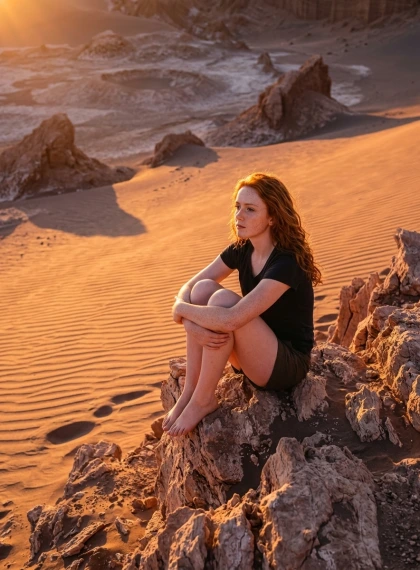 Duduk Kontemplatif di Valle de la Luna Atacama Saat Senja - Foto Ultra Realisme Berkualitas Tinggi
