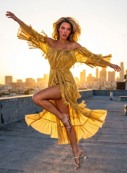 Dynamic jumping panorama, midway in air twisting body, arms spread open like flying, legs bent full of power, city sk...