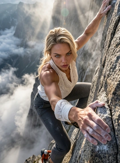 Dynamisk greb på klippen under alpinisme – ultrarealistisk foto fra neden