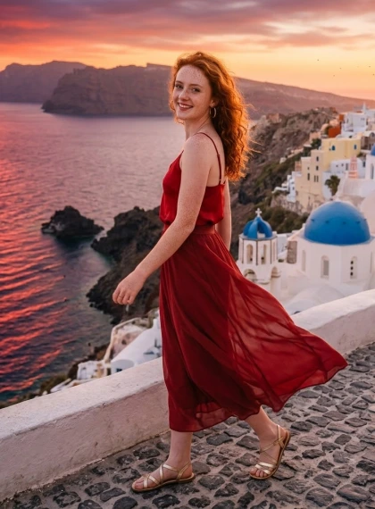 Ecje Dramike në Tarracën e Oias, Santorini: Perëndim i Kuq mbi Calderë me Veshje Elegante të Kuqe