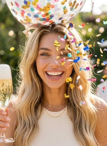 Eksplozija konfeta: balon prska nad nasmejanim licem