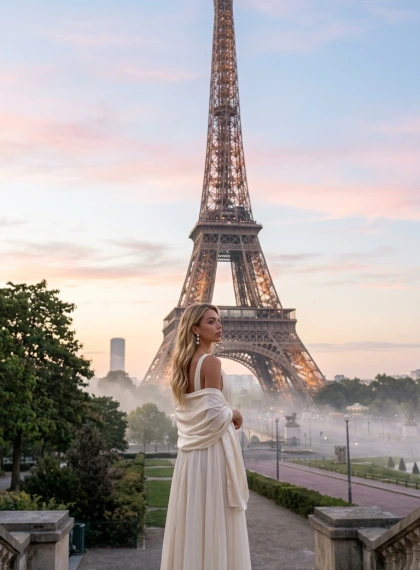 Elegancka kobieta w szyfonowej sukni na tarasie Trocadéro z widokiem na Wieżę Eiffla o świcie – fotorealizm