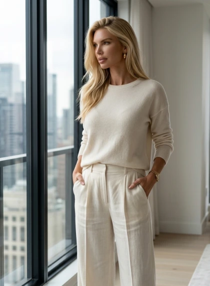 Elegant figure in a cream cashmere sweater and wide linen trousers stands by a huge window in a minimalist interior, ...