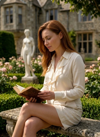 Elegant Half-Body Portrait: Woman in Ivory Satin Blouse Near Classical Marble Statue in Sunlit Estate Garden