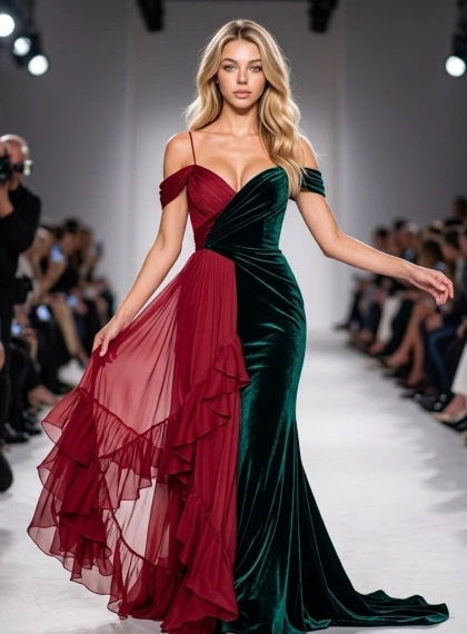 Elegant pose at runway's end, in a floor-length emerald velvet gown with off-shoulder neckline and subtle train, arms...