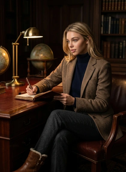 Elegant pose seated at a mahogany desk in a grand study, dressed in a tweed sport coat, cashmere turtleneck, wool tro...