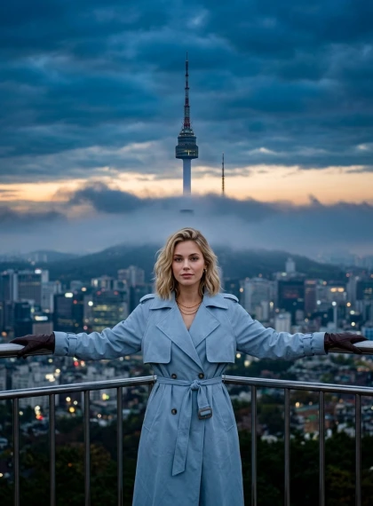 Elegant Pose ved Namsan Seoul Tower ved Tusmørke – Lyseblå Trenchcoat og Fotorealistisk Seoul Skyline