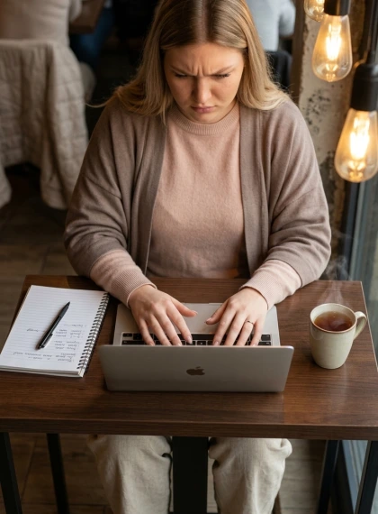 Femeie concentrată tastând pe laptop în cafenea cozy, sprâncene încruntate gânditoare, masă plină cu caiet și pix, ab...