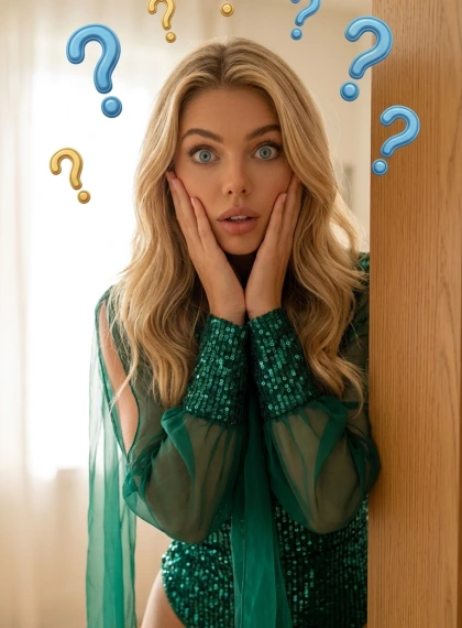 Femme Curieuse en Bodysuit Vert Émeraude Pailleté, Yeux Écarquillés de Surprise | Ultra Réaliste