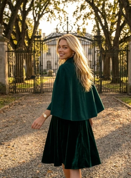 Femme Élégante en Robe Émeraude Velours Marchant vers Manoir Aristocratique – Photorealisme Ultra