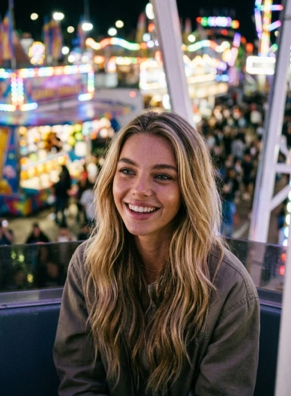 Ferris wheel candid glance during a fairground night.