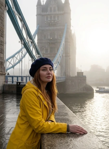 Foggy morning over Tower Bridge, towers slowly emerge from thick fog, calm surface of the Thames reflects the first r...