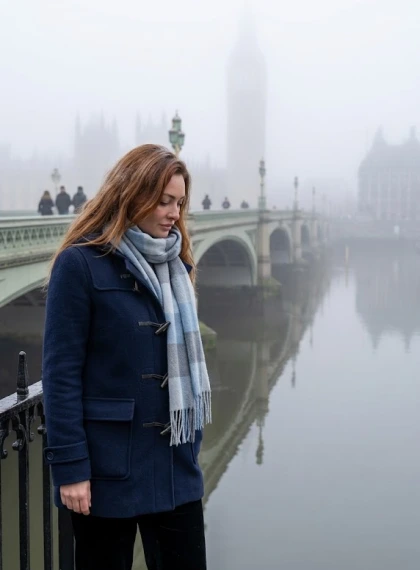 Foggy Westminster Bridge Reflection on Thames - Ultra Realistic Photo with Duffle Coat Pose