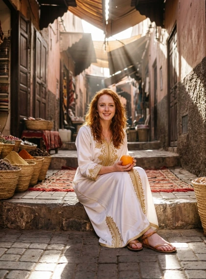 Foto Hiperrealistik Labirin Medina Marrakech: Wanita Kaftan Sutra Putih Emas Berbordir Motif Berber Memegang Jeruk Segar