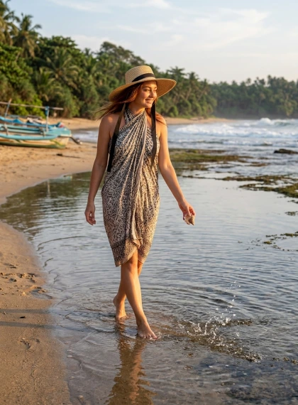 Foto Pantai Tropis Ultra-Realistis Berkualitas Tinggi: Siluet di Bebatuan Karang Saat Golden Hour Senja