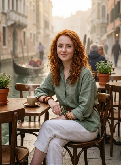 Foto Sinematik Ultra Realistis: Sosok di Kafe Pinggir Kanal San Polo Venice, Uap Espresso & Kabut Pagi