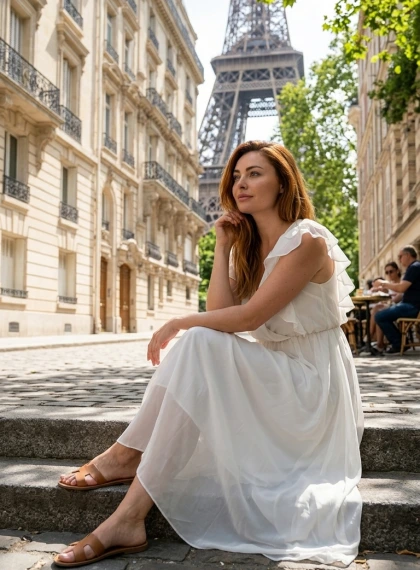 Foto Ultra-Realista Cinemática en Avenue de Camoens: Mujer en Vestido de Chiffon Contemplando la Torre Eiffel