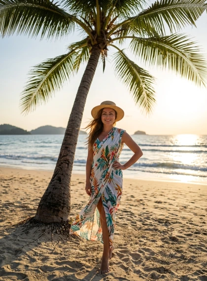 Foto Ultra-Realista: Mulher em Sari Branco sob Palmeira em Praia Tropical ao Pôr do Sol Dourado