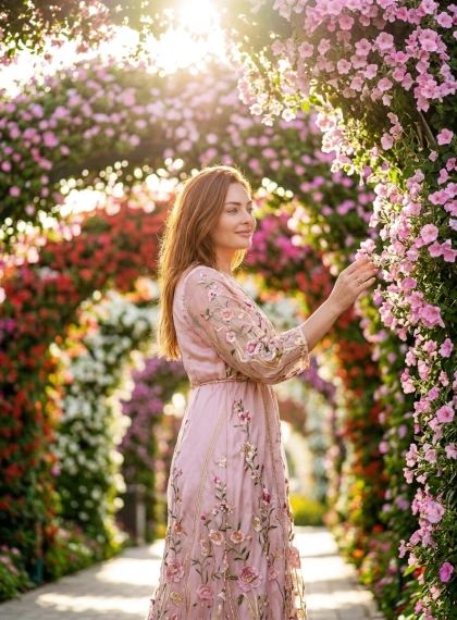 Foto Ultra-Realista: Passeio pelos Arcos Floridos do Miracle Garden em Dubai com Vestido Rosa Pastel
