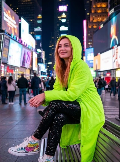 Foto Ultra-Realiste: Person në Pankë me Pamje të Skyline-it të Midtown Manhattan Natën, Pallto Neon-Jeshile