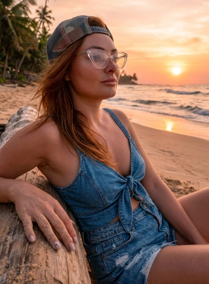 Foto Ultra-Realistica Donna su Spiaggia Tropicale al Tramonto: Posata Rilassata con Cappello Baseball e Occhiali Cat-Eye