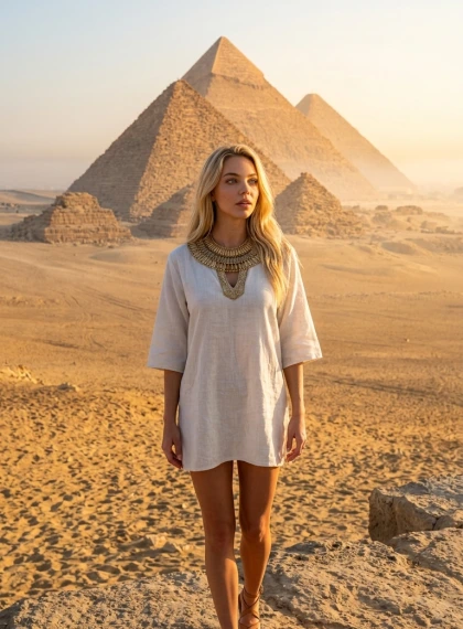 Foto Ultra-Realistik Pelancong di Depan Piramida Agung Giza Saat Fajar