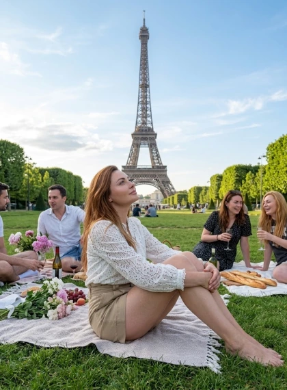 Foto Ultra-Realistis Orang Santai di Padang Rumput Champ de Mars, Menara Eiffel Siang Hari