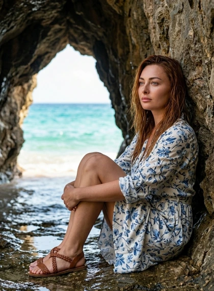 Foto Ultra Realistis Wanita di Gua Pantai Tropis: Pose Duduk Soliter dengan Gaun Safari Floral