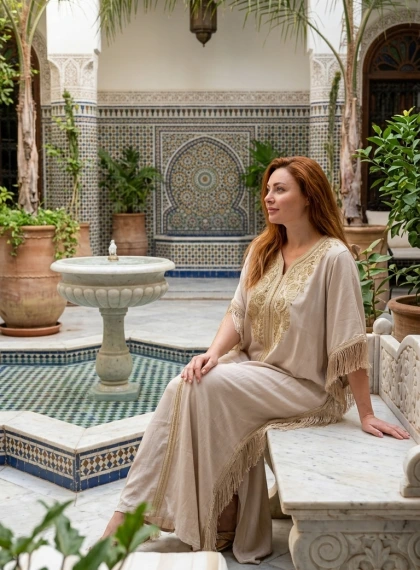 Fotografie Ultra-Realistă: Relaxare în Curtea Interioară a unui Riad din Marrakech cu Kaftan Bej Auriu