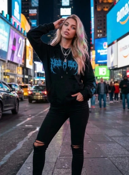 Fotorealistiskt urbant porträtt: Mystiskt leende, neonblått sken, oversized hoodie och streetwear