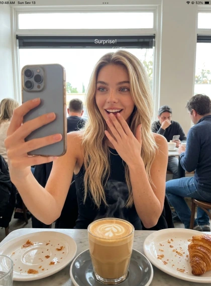 Frame at a cafe table: hand holds a phone for a selfie, steam from hot latte rises, croissant crumbs on the plate, bl...