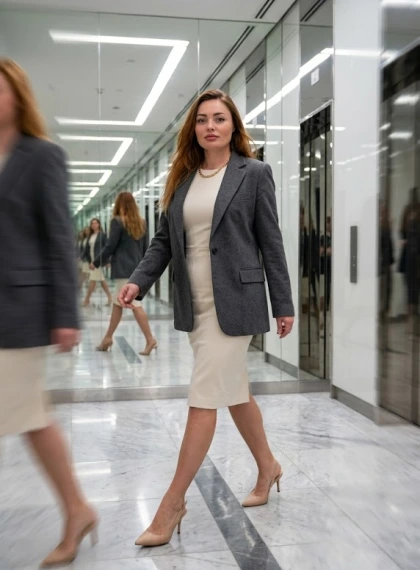 Full-body dynamic shot: figure strides purposefully toward camera through gleaming corporate lobby, mirrored walls mu...