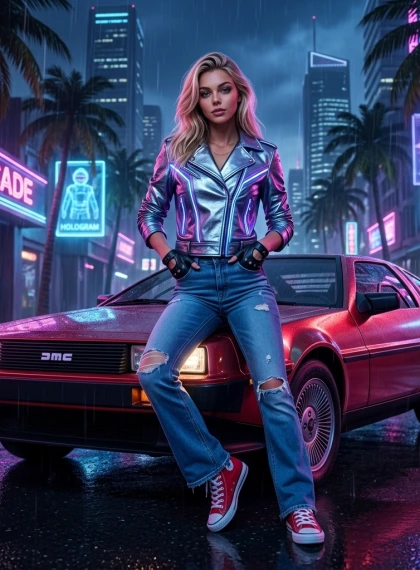 Full body figure standing leaning on the hood of a classic 80s sports car, relaxed pose with hands in pockets, neon '...