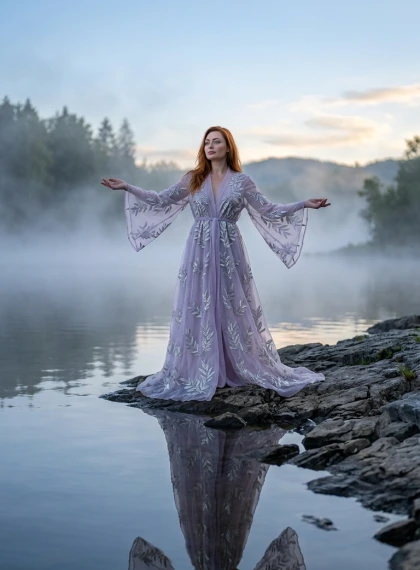 Full body pose with arms extended gracefully outward, standing amidst rolling fog on a serene lakeside at twilight, r...