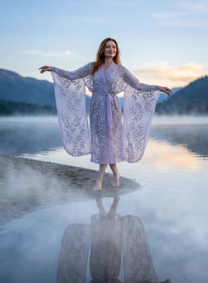 Full body pose with arms extended gracefully outward, standing amidst rolling fog on a serene lakeside at twilight, r...