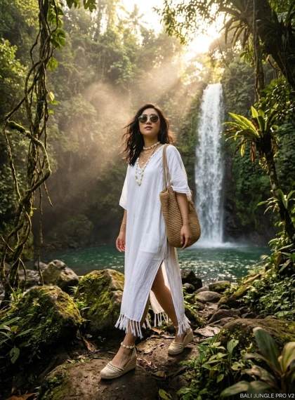 Full-body shot from a low angle emphasizing empowerment, striding confidently through a powdery snow-covered cobblest...